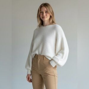 London Kaye White Oversized Fuzzy Knit Sweater Balloon Sleeve Pullover‎ Top XS